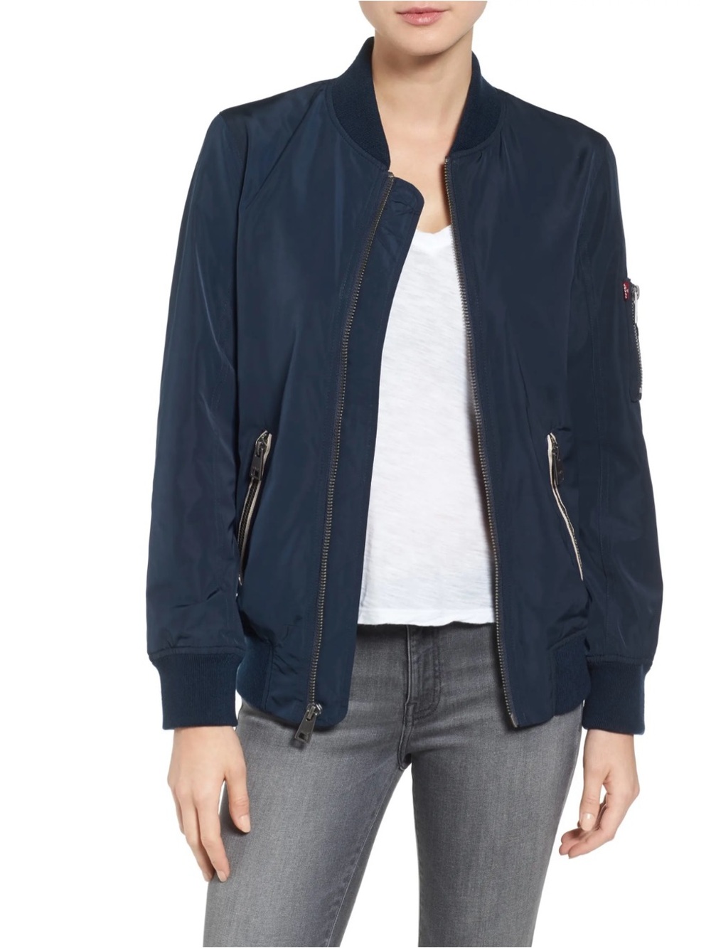 New Levi's Women's Lightweight Zip-Detail Navy Bomber Jacket Size Small